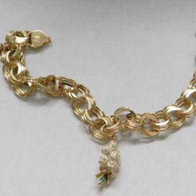 14 KT Triple Link Gold Charm Bracelet with Floral Bouquet and Flower Charms 14 grams