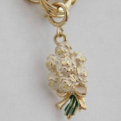 14 KT Triple Link Gold Charm Bracelet with Floral Bouquet and Flower Charms 14 grams