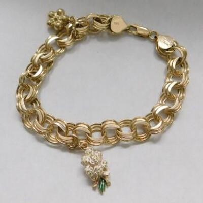 14 KT Triple Link Gold Charm Bracelet with Floral Bouquet and Flower Charms 14 grams