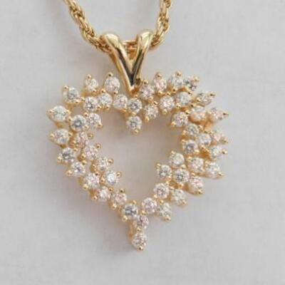 14 KT Gold Heart Pendant Accented by Cubic Zirconia with 24" 14KT Gold Rope Chain 13 grams