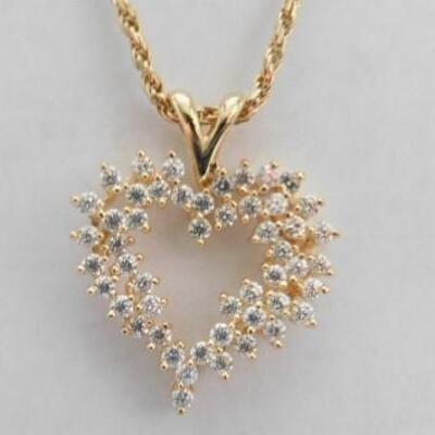 14 KT Gold Heart Pendant Accented by Cubic Zirconia with 24" 14KT Gold Rope Chain 13 grams