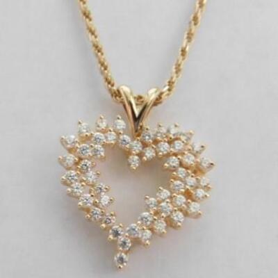 14 KT Gold Heart Pendant Accented by Cubic Zirconia with 24" 14KT Gold Rope Chain 13 grams