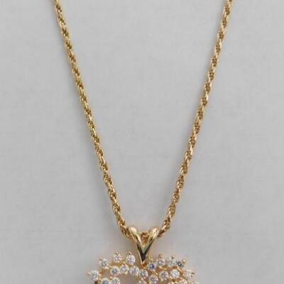 14 KT Gold Heart Pendant Accented by Cubic Zirconia with 24" 14KT Gold Rope Chain 13 grams
