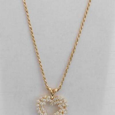 14 KT Gold Heart Pendant Accented by Cubic Zirconia with 24" 14KT Gold Rope Chain 13 grams