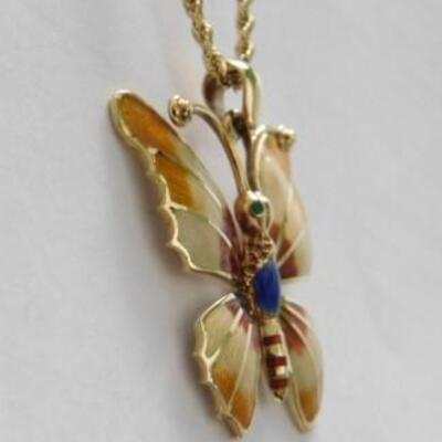 14 KT Gold Enamel Butterfly Pendant on 14KT 30" Chain 14.1 grams