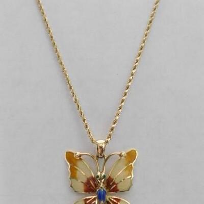 14 KT Gold Enamel Butterfly Pendant on 14KT 30" Chain 14.1 grams