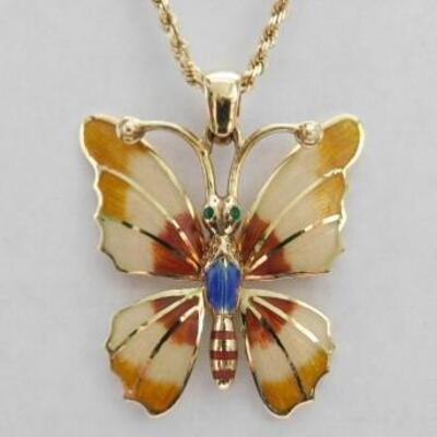 14 KT Gold Enamel Butterfly Pendant on 14KT 30" Chain 14.1 grams