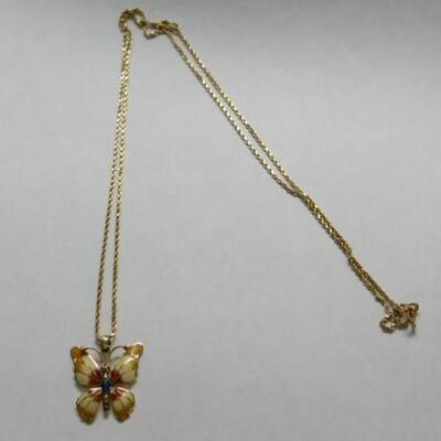 14 KT Gold Enamel Butterfly Pendant on 14KT 30" Chain 14.1 grams