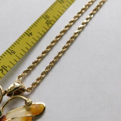 14 KT Gold Enamel Butterfly Pendant on 14KT 30" Chain 14.1 grams