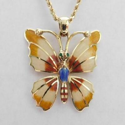 14 KT Gold Enamel Butterfly Pendant on 14KT 30" Chain 14.1 grams