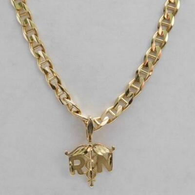 14 KT Gold Registered Nurse Pendant on 14KT Gold 20" Mariner Link Chain 14grams