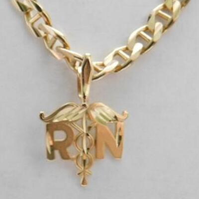 14 KT Gold Registered Nurse Pendant on 14KT Gold 20" Mariner Link Chain 14grams