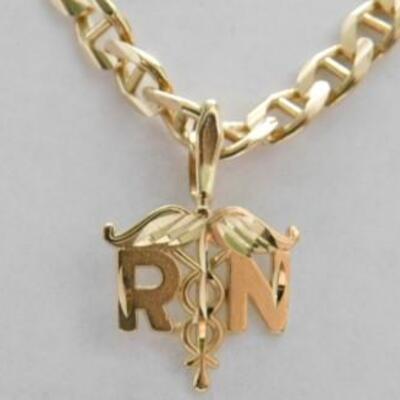 14 KT Gold Registered Nurse Pendant on 14KT Gold 20" Mariner Link Chain 14grams