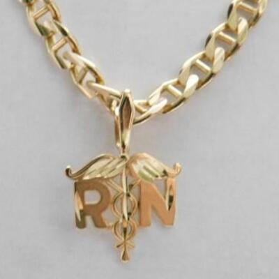 14 KT Gold Registered Nurse Pendant on 14KT Gold 20" Mariner Link Chain 14grams