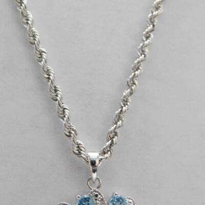 14 KT White Gold Circle Topaz and Diamond Pendant on 14KT Gold Rope Chain 4 grams