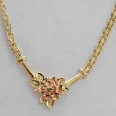 14 KT Gold Bismark Style "V" Necklace with Rose Gold Flower on Chain 3.3 grams