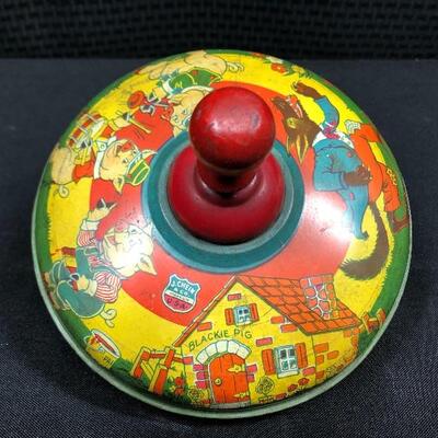 Vintage J Chein & Co Three Little Pigs Litho Tin Toy Spinning Top Toy