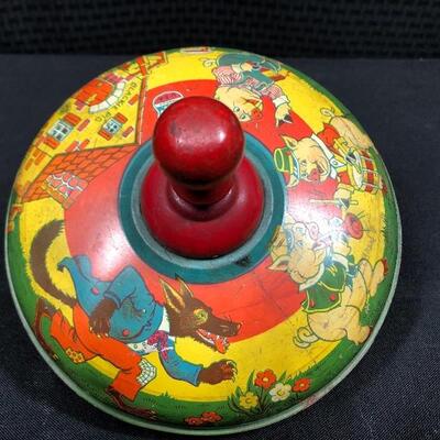 Vintage J Chein & Co Three Little Pigs Litho Tin Toy Spinning Top Toy