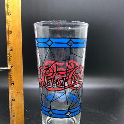 VINTAGE PEPSI COLA TIFFANY STYLE STAINED GLASS 6 INCH TALL RED & BLUE GLASSES, set of 7