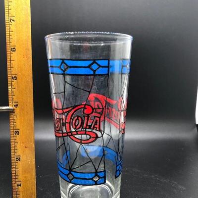 VINTAGE PEPSI COLA TIFFANY STYLE STAINED GLASS 6 INCH TALL RED & BLUE GLASSES, set of 7