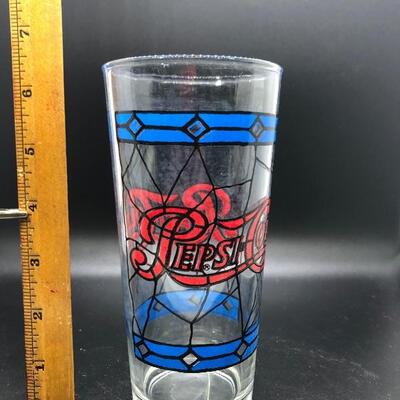 VINTAGE PEPSI COLA TIFFANY STYLE STAINED GLASS 6 INCH TALL RED & BLUE GLASSES, set of 7