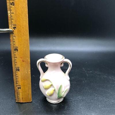 Miniature Pale Pink Floral Double Handled Vase Urn Vessel