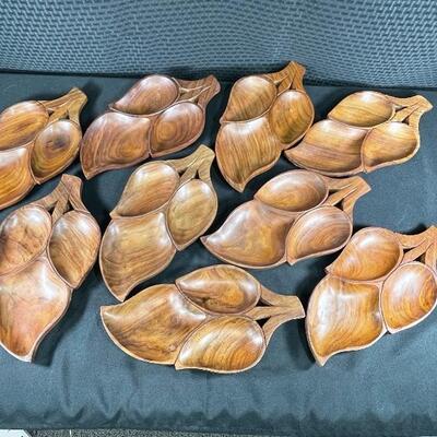 Set of 9 Monkey Pod Wood Divided Leaf Bowl Plate Dish