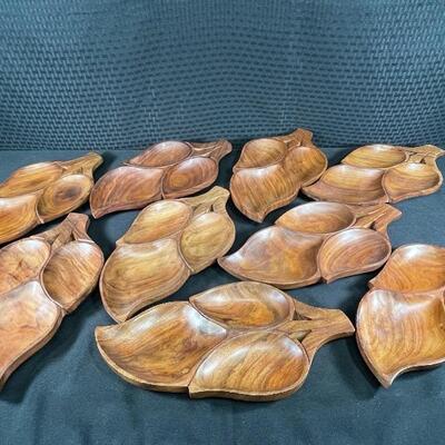 Set of 9 Monkey Pod Wood Divided Leaf Bowl Plate Dish