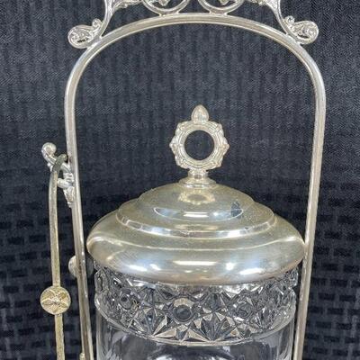 Antique Silverplate Castor Pickle Olive Condiment Jar with Tongs