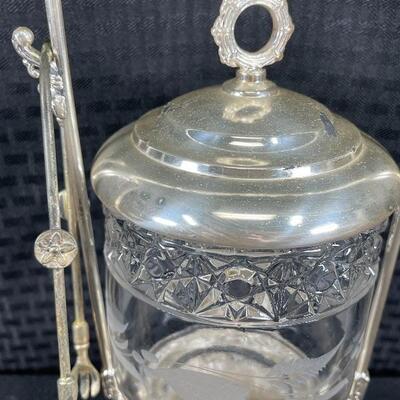 Antique Silverplate Castor Pickle Olive Condiment Jar with Tongs