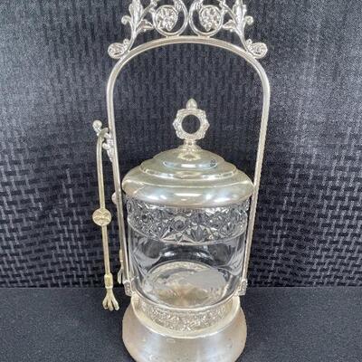 Antique Silverplate Castor Pickle Olive Condiment Jar with Tongs