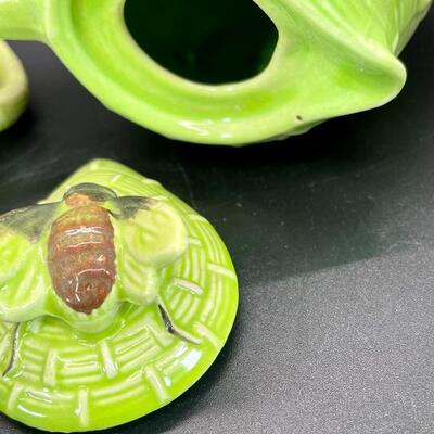 Pair of Green Lidded Beehive Creamer Pitchers