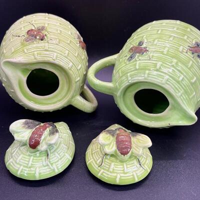 Pair of Green Lidded Beehive Creamer Pitchers