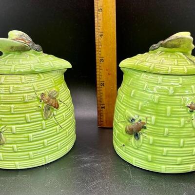 Pair of Green Lidded Beehive Creamer Pitchers