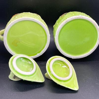 Pair of Green Lidded Beehive Creamer Pitchers