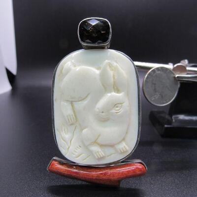 Sterling Silver Amy Kahn Russel AKR Carved Rabbit Enhancer Pendant Brooch Coral Smoke Topaz 