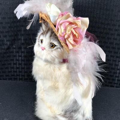 Fancy Cat in Feathered Hat Made of Real Rabbit Fur