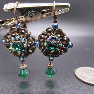 Joan Rivers Copper Finish AB Green Rhinestone Dangle Earrings 