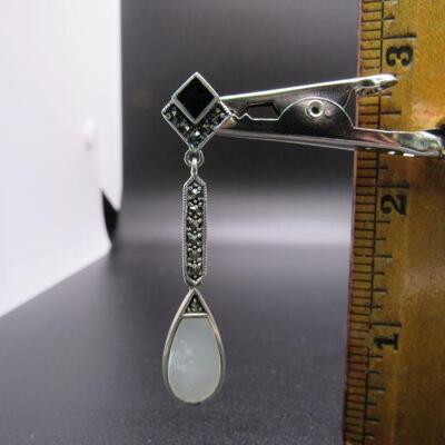 Sterling Silver 925 Art Deco Hematite Mother of Pearl Dangle Drop Earrings
