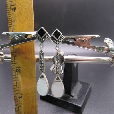 Sterling Silver 925 Art Deco Hematite Mother of Pearl Dangle Drop Earrings
