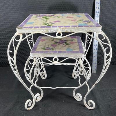 Mosaic Tile Top White Wrought Iron Garden Table Plant Stands