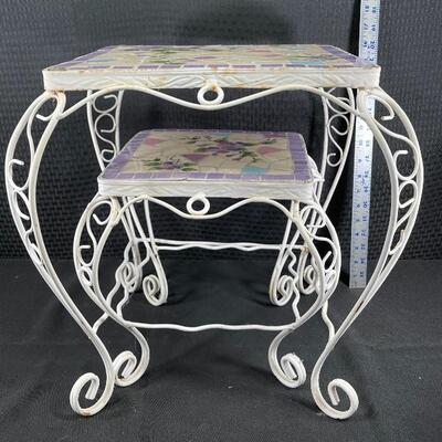 Mosaic Tile Top White Wrought Iron Garden Table Plant Stands