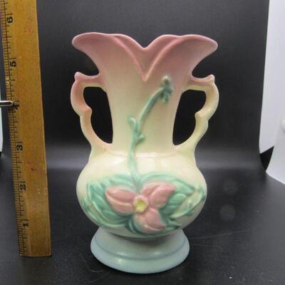 Vintage Hull USA Ceramic Pink White Blue Handled Vase