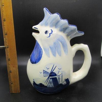 Delft blue & white Rooster Chicken small pitcher or creamer 6" tall