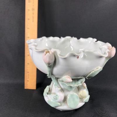 Vintage Pedestal Ceramic Rose Embellished Bowl Dish