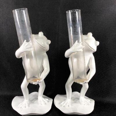 Pair of White Frog Bud Vases 