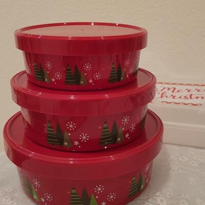 Lot 192: Light Up Wine Stopper, Plastic Treat Containers and Merry Christmas Cake Taker and Disposable Plates and Napkins