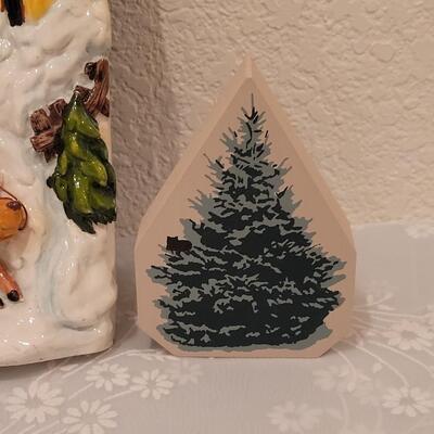 Lot 226: Christmas Picture Frame, Snowman and Small Wood Tree Block 