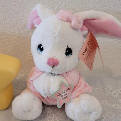 Lot 331: Precious Moments Prayer Bunny, Star Bank, Decorative Shoe and Musiacel Baby in Bassinet 