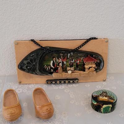 Lot 333: Wood Shoes, Picture Frame and Cat Trinket Box